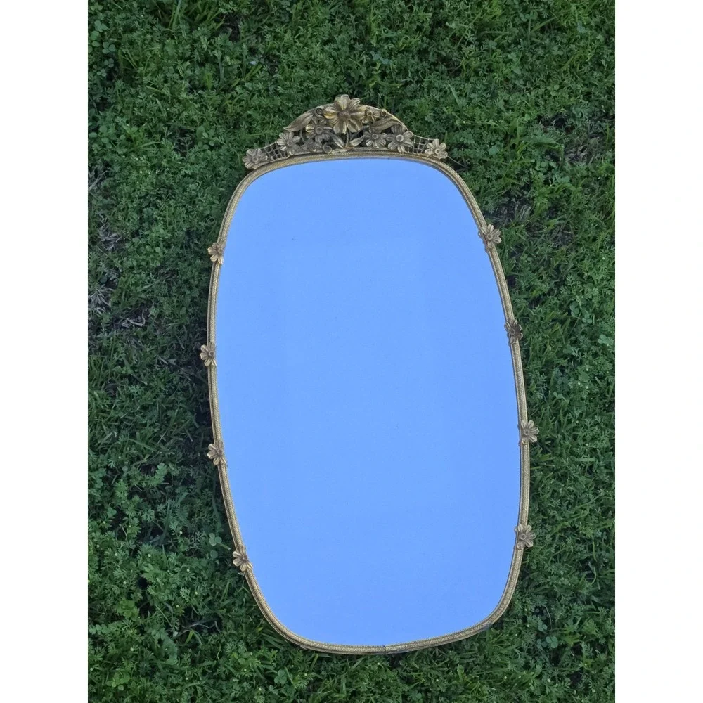 Vintage Matson Gold Gilded Floral Vanity Mirror Tray Hollywood Regency 17.5 inch